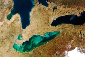 Tan fingers of sediment and green swirls of algae are visible in Lake Erie on March 21, 2012.