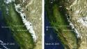These two natural-color satellite images of the reduction of snow cover in the Sierra Nevada