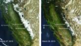 These two natural-color satellite images of the reduction of snow cover in the Sierra Nevada